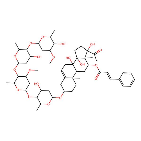 2D Structure of [(3S,8S,9R,10R,12R,13S,14R,17S)-17-acetyl-8,14,17-trihydroxy-3-[(2R,4S,5S,6R)-4-hydroxy-5-[(2S,4R,5R,6R)-5-[(2S,4R,5S,6R)-4-hydroxy-5-[(2S,4R,5R,6R)-5-hydroxy-4-methoxy-6-methyloxan-2-yl]oxy-6-methyloxan-2-yl]oxy-4-methoxy-6-methyloxan-2-yl]oxy-6-methyloxan-2-yl]oxy-10,13-dimethyl-1,2,3,4,7,9,11,12,15,16-decahydrocyclopenta[a]phenanthren-12-yl] (E)-3-phenylprop-2-enoate