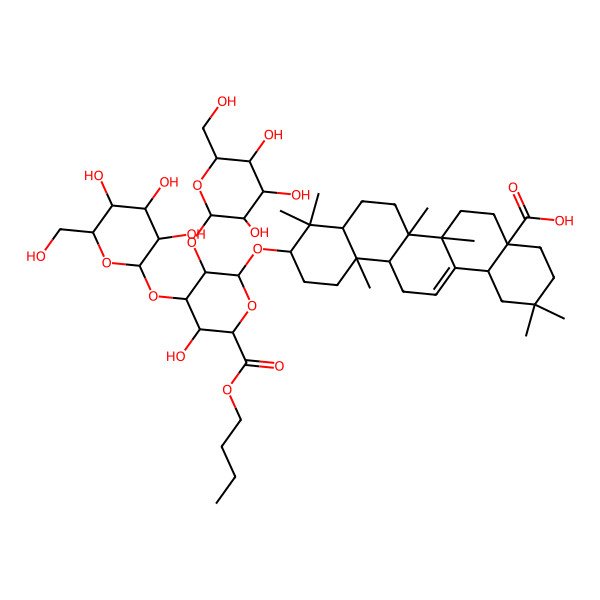 2D Structure of (4aS,6aR,6aS,6bR,8aR,10S,12aR,14bS)-10-[(2R,3R,4S,5S,6S)-6-butoxycarbonyl-5-hydroxy-4-[(2S,3R,4S,5R,6R)-3,4,5-trihydroxy-6-(hydroxymethyl)oxan-2-yl]oxy-3-[(2S,3R,4S,5S,6R)-3,4,5-trihydroxy-6-(hydroxymethyl)oxan-2-yl]oxyoxan-2-yl]oxy-2,2,6a,6b,9,9,12a-heptamethyl-1,3,4,5,6,6a,7,8,8a,10,11,12,13,14b-tetradecahydropicene-4a-carboxylic acid