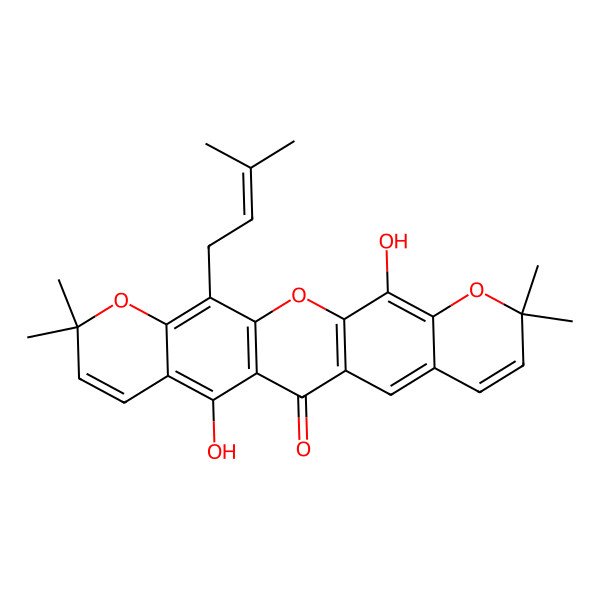 2D Structure of 11,22-Dihydroxy-7,7,19,19-tetramethyl-4-(3-methylbut-2-enyl)-2,6,20-trioxapentacyclo[12.8.0.03,12.05,10.016,21]docosa-1(14),3(12),4,8,10,15,17,21-octaen-13-one