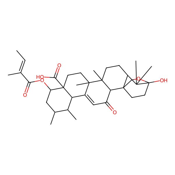 2D Structure of (1R,2S,6R,7S,8S,10S,11R,14R,15R,18R)-20-hydroxy-7,8,14,15,19,19-hexamethyl-10-[(Z)-2-methylbut-2-enoyl]oxy-3-oxo-21-oxahexacyclo[18.2.2.01,18.02,15.05,14.06,11]tetracos-4-ene-11-carboxylic acid
