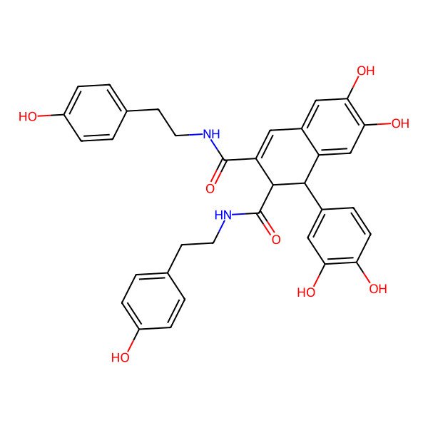 2D Structure of (1R,2S)-1-(3,4-dihydroxyphenyl)-6,7-dihydroxy-2-N,3-N-bis[2-(4-hydroxyphenyl)ethyl]-1,2-dihydronaphthalene-2,3-dicarboxamide