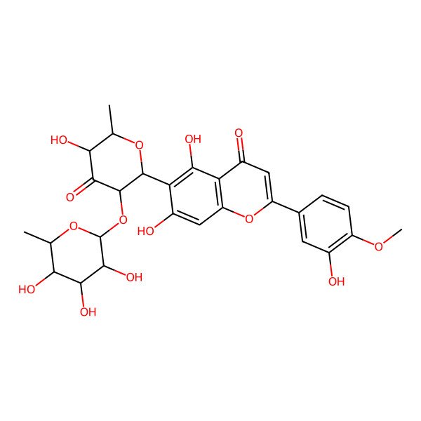 2D Structure of 5,7-dihydroxy-2-(3-hydroxy-4-methoxyphenyl)-6-[(2R,3R,5S,6S)-5-hydroxy-6-methyl-4-oxo-3-[(2S,3R,4R,5R,6S)-3,4,5-trihydroxy-6-methyloxan-2-yl]oxyoxan-2-yl]chromen-4-one