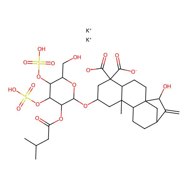 2D Structure of Dipotassium;15-hydroxy-7-[6-(hydroxymethyl)-3-(3-methylbutanoyloxy)-4,5-disulfooxyoxan-2-yl]oxy-9-methyl-14-methylidenetetracyclo[11.2.1.01,10.04,9]hexadecane-5,5-dicarboxylate