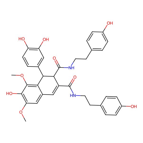 2D Structure of 1-(3,4-dihydroxyphenyl)-7-hydroxy-2-N,3-N-bis[2-(4-hydroxyphenyl)ethyl]-6,8-dimethoxy-1,2-dihydronaphthalene-2,3-dicarboxamide