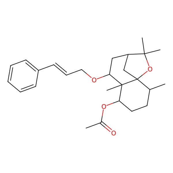 2D Structure of [(1S,2R,5S,6R,7S,9R)-2,6,10,10-tetramethyl-7-[(E)-3-phenylprop-2-enoxy]-11-oxatricyclo[7.2.1.01,6]dodecan-5-yl] acetate