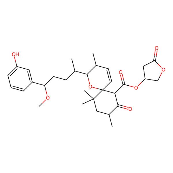 2D Structure of (5-Oxooxolan-3-yl) (2R,3R,6S,9R,11S)-2-((2S,5S)-5-(3-hydroxyphenyl)-5-methoxypentan-2-yl)-3,7,7,9-tetramethyl-10-oxo-1-oxaspiro(5.5)undec-4-ene-11-carboxylate