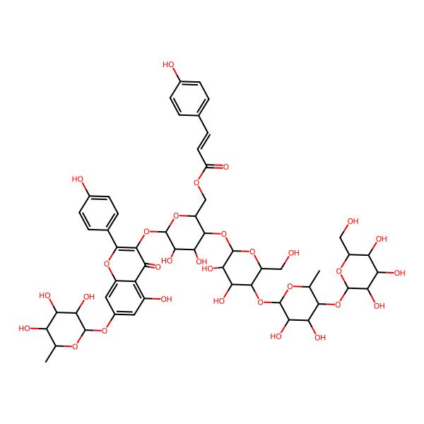 2D Structure of [(2R,3S,4R,5R,6S)-3-[(2S,3R,4R,5S,6R)-5-[(2S,3R,4S,5R,6S)-3,4-dihydroxy-6-methyl-5-[(2S,3R,4S,5S,6R)-3,4,5-trihydroxy-6-(hydroxymethyl)oxan-2-yl]oxyoxan-2-yl]oxy-3,4-dihydroxy-6-(hydroxymethyl)oxan-2-yl]oxy-4,5-dihydroxy-6-[5-hydroxy-2-(4-hydroxyphenyl)-4-oxo-7-[(2S,3R,4R,5R,6S)-3,4,5-trihydroxy-6-methyloxan-2-yl]oxychromen-3-yl]oxyoxan-2-yl]methyl (E)-3-(4-hydroxyphenyl)prop-2-enoate