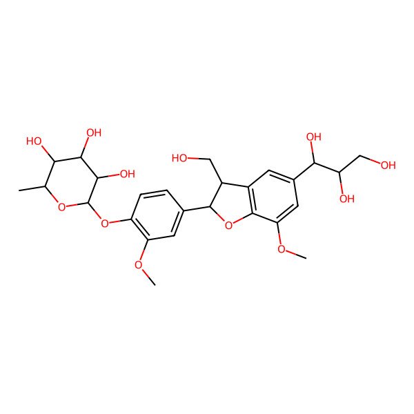 2D Structure of (2S,3R,4R,5R,6S)-2-[4-[(2S,3R)-3-(hydroxymethyl)-7-methoxy-5-[(1R,2S)-1,2,3-trihydroxypropyl]-2,3-dihydro-1-benzofuran-2-yl]-2-methoxyphenoxy]-6-methyloxane-3,4,5-triol