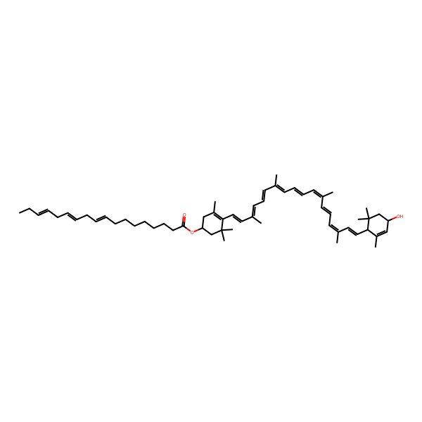 2D Structure of [4-[(1E,3Z,5Z,7E,9E,11E,13Z,15Z,17E)-18-(4-hydroxy-2,6,6-trimethylcyclohex-2-en-1-yl)-3,7,12,16-tetramethyloctadeca-1,3,5,7,9,11,13,15,17-nonaenyl]-3,5,5-trimethylcyclohex-3-en-1-yl] (12Z,15Z)-octadeca-9,12,15-trienoate