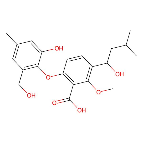 2D Structure of 6-[2-hydroxy-6-(hydroxymethyl)-4-methylphenoxy]-3-[(1S)-1-hydroxy-3-methylbutyl]-2-methoxybenzoic acid