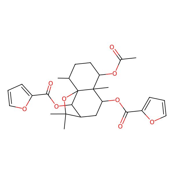 2D Structure of [(1S,2R,5S,6S,7S,9R,12R)-5-acetyloxy-12-(furan-2-carbonyloxy)-2,6,10,10-tetramethyl-11-oxatricyclo[7.2.1.01,6]dodecan-7-yl] furan-2-carboxylate