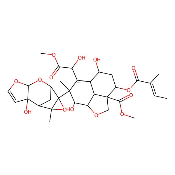 2D Structure of methyl (1R,4S,5R,7S,8R,9R,10S,11S,12R)-7,11-dihydroxy-9-[(1S)-1-hydroxy-2-methoxy-2-oxoethyl]-10-[(1S,2S,6R,8S,9R,11S)-2-hydroxy-11-methyl-5,7,10-trioxatetracyclo[6.3.1.02,6.09,11]dodec-3-en-9-yl]-8,10-dimethyl-5-[(E)-2-methylbut-2-enoyl]oxy-2-oxatricyclo[6.3.1.04,12]dodecane-4-carboxylate