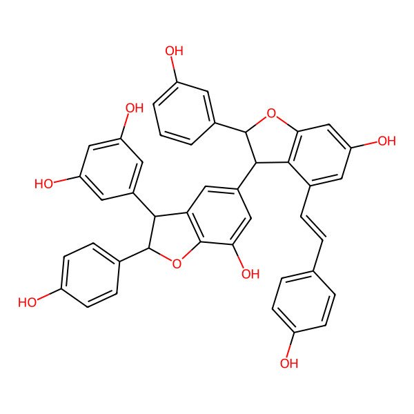 2D Structure of 5-[(2R,3R)-7-hydroxy-5-[(2S,3S)-6-hydroxy-2-(3-hydroxyphenyl)-4-[(E)-2-(4-hydroxyphenyl)ethenyl]-2,3-dihydro-1-benzofuran-3-yl]-2-(4-hydroxyphenyl)-2,3-dihydro-1-benzofuran-3-yl]benzene-1,3-diol