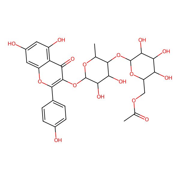 2D Structure of [(2R,3S,4S,5R,6S)-6-[(2S,3R,4S,5R,6S)-6-[5,7-dihydroxy-2-(4-hydroxyphenyl)-4-oxochromen-3-yl]oxy-4,5-dihydroxy-2-methyloxan-3-yl]oxy-3,4,5-trihydroxyoxan-2-yl]methyl acetate