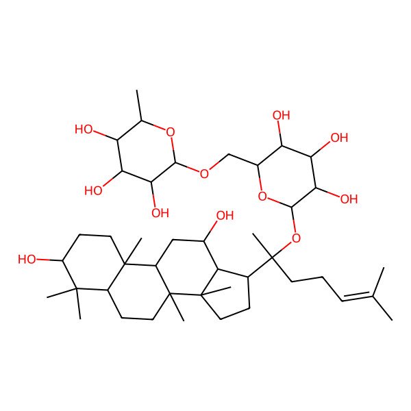 2D Structure of (2R,3R,4R,5R,6S)-2-[[(2R,3S,4S,5R,6S)-6-[(2S)-2-[(3S,5R,8R,9R,10R,12R,13R,14R,17S)-3,12-dihydroxy-4,4,8,10,14-pentamethyl-2,3,5,6,7,9,11,12,13,15,16,17-dodecahydro-1H-cyclopenta[a]phenanthren-17-yl]-6-methylhept-5-en-2-yl]oxy-3,4,5-trihydroxyoxan-2-yl]methoxy]-6-methyloxane-3,4,5-triol