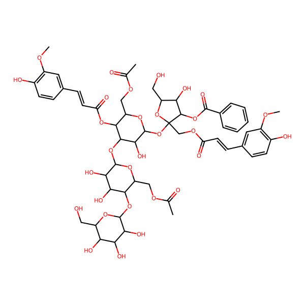 2D Structure of [(2S,3S,4R,5R)-2-[(2R,3R,4R,5R,6R)-6-(acetyloxymethyl)-4-[(2S,3R,4R,5S,6R)-6-(acetyloxymethyl)-3,4-dihydroxy-5-[(2S,3R,4S,5S,6R)-3,4,5-trihydroxy-6-(hydroxymethyl)oxan-2-yl]oxyoxan-2-yl]oxy-3-hydroxy-5-[(E)-3-(4-hydroxy-3-methoxyphenyl)prop-2-enoyl]oxyoxan-2-yl]oxy-4-hydroxy-2-[[(E)-3-(4-hydroxy-3-methoxyphenyl)prop-2-enoyl]oxymethyl]-5-(hydroxymethyl)oxolan-3-yl] benzoate