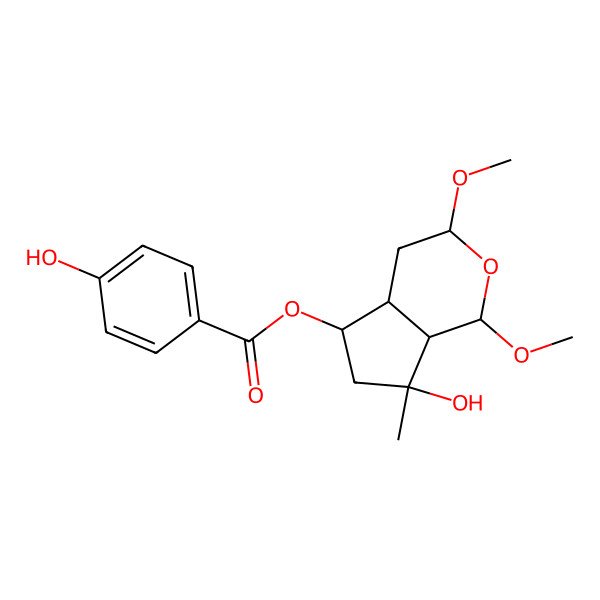 2D Structure of 4-Hydroxybenzoic acid (1S,4aalpha,7aalpha)-1beta,3beta-dimethoxy-7alpha-hydroxy-7-methyloctahydrocyclopenta[c]pyran-5alpha-yl ester
