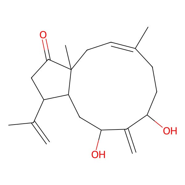 2D Structure of (1S,3aR,5E,9S,11R,12aS)-9,11-dihydroxy-3a,6-dimethyl-10-methylidene-1-prop-1-en-2-yl-2,4,7,8,9,11,12,12a-octahydro-1H-cyclopenta[11]annulen-3-one
