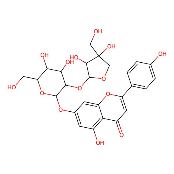 2D Structure of 7-[(2S,3R,4S,5S,6R)-3-[(3R,4R)-3,4-dihydroxy-4-(hydroxymethyl)oxolan-2-yl]oxy-4,5-dihydroxy-6-(hydroxymethyl)oxan-2-yl]oxy-5-hydroxy-2-(4-hydroxyphenyl)chromen-4-one