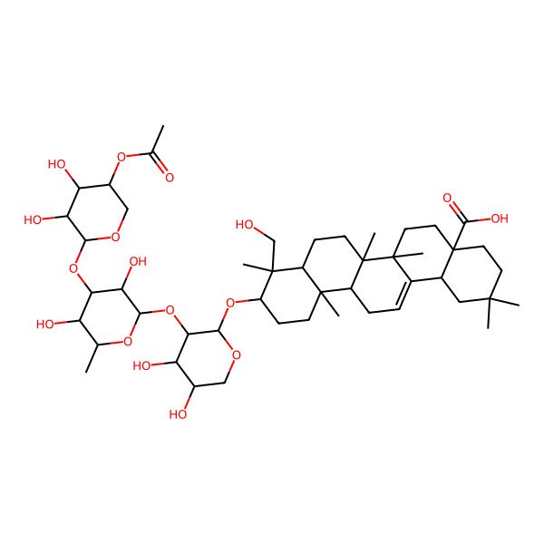 2D Structure of 10-[(2S,3R,4S,5R)-3-[(2S,3R,4R,5R,6S)-4-[(2S,3R,4R,5R)-5-acetyloxy-3,4-dihydroxyoxan-2-yl]oxy-3,5-dihydroxy-6-methyloxan-2-yl]oxy-4,5-dihydroxyoxan-2-yl]oxy-9-(hydroxymethyl)-2,2,6a,6b,9,12a-hexamethyl-1,3,4,5,6,6a,7,8,8a,10,11,12,13,14b-tetradecahydropicene-4a-carboxylic acid
