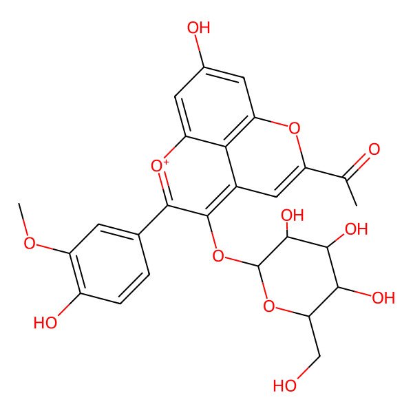 2D Structure of 1-[11-hydroxy-7-(4-hydroxy-3-methoxyphenyl)-6-[(2S,3R,4S,5S,6R)-3,4,5-trihydroxy-6-(hydroxymethyl)oxan-2-yl]oxy-2-oxa-8-oxoniatricyclo[7.3.1.05,13]trideca-1(12),3,5,7,9(13),10-hexaen-3-yl]ethanone