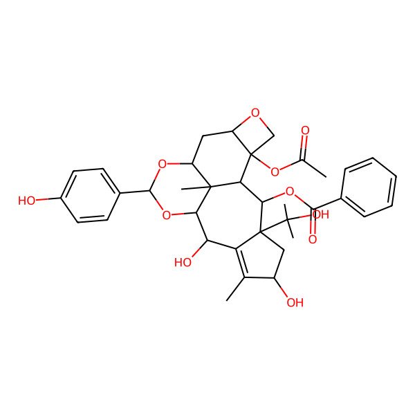 2D Structure of (1S)-2alpha-(Benzoyloxy)-4alpha-acetoxy-7beta,9alpha-[[(S)-4-hydroxybenzylidene]bisoxy]-5beta,20-epoxy-1,11-cyclo-11,15-secotaxa-11-ene-10beta,13alpha,15-triol