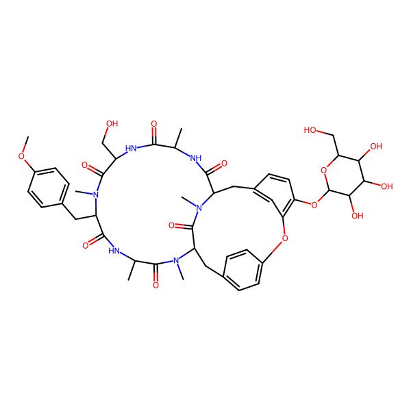 2D Structure of (1S,4R,7S,10S,13S,16S)-7-(hydroxymethyl)-10-[(4-methoxyphenyl)methyl]-4,9,13,15,29-pentamethyl-24-[(2S,3R,4S,5S,6R)-3,4,5-trihydroxy-6-(hydroxymethyl)oxan-2-yl]oxy-22-oxa-3,6,9,12,15,29-hexazatetracyclo[14.12.2.218,21.123,27]tritriaconta-18,20,23,25,27(31),32-hexaene-2,5,8,11,14,30-hexone