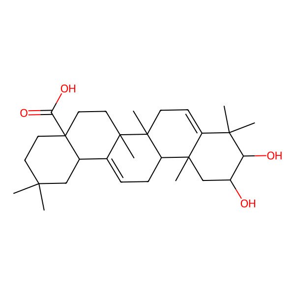 2D Structure of (4aS,6aS,6aS,6bR,10S,11R,12aR,14bS)-10,11-dihydroxy-2,2,6a,6b,9,9,12a-heptamethyl-1,3,4,5,6,6a,7,10,11,12,13,14b-dodecahydropicene-4a-carboxylic acid