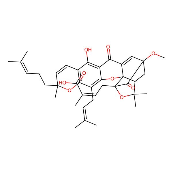 2D Structure of (Z)-4-[(1S,2S,8S,17R,19R)-12-hydroxy-17-methoxy-8,21,21-trimethyl-5-(3-methylbut-2-enyl)-8-(4-methylpent-3-enyl)-14,18-dioxo-3,7,20-trioxahexacyclo[15.4.1.02,15.02,19.04,13.06,11]docosa-4(13),5,9,11,15-pentaen-19-yl]-2-methylbut-2-enoic acid
