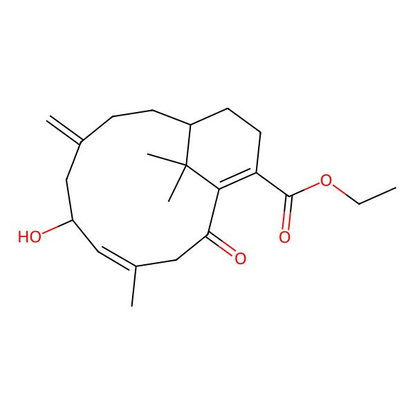 2D Structure of ethyl (1R,6S,7E)-6-hydroxy-8,15,15-trimethyl-4-methylidene-10-oxobicyclo[9.3.1]pentadeca-7,11-diene-12-carboxylate