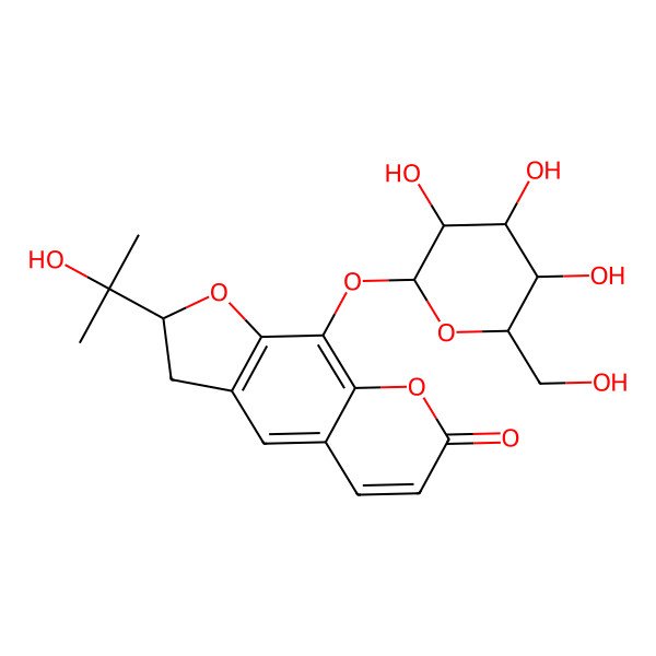 2D Structure of (2S)-2-(1-hydroxy-1-methyl-ethyl)-9-[(2S,3R,4S,5S,6R)-3,4,5-trihydroxy-6-(hydroxymethyl)tetrahydropyran-2-yl]oxy-2,3-dihydrofuro[3,2-g]chromen-7-one
