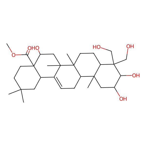 2D Structure of methyl (4aR,5R,6aR,6aS,6bR,8aR,10R,11S,12aR,14bS)-5,10,11-trihydroxy-9,9-bis(hydroxymethyl)-2,2,6a,6b,12a-pentamethyl-1,3,4,5,6,6a,7,8,8a,10,11,12,13,14b-tetradecahydropicene-4a-carboxylate