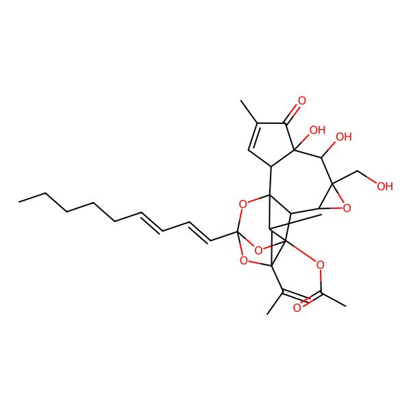 2D Structure of [(1R,2R,6S,7S,8R,10S,12R,14S,16S,17R,18R)-6,7-dihydroxy-8-(hydroxymethyl)-4,18-dimethyl-14-[(3E)-nona-1,3-dienyl]-5-oxo-16-prop-1-en-2-yl-9,13,15,19-tetraoxahexacyclo[12.4.1.01,11.02,6.08,10.012,16]nonadec-3-en-17-yl] acetate