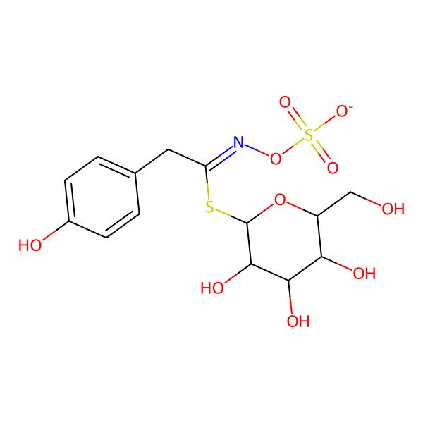 2D Structure of [(E)-[2-(4-hydroxyphenyl)-1-[(2S,3R,4S,5S,6R)-3,4,5-trihydroxy-6-(hydroxymethyl)oxan-2-yl]sulfanylethylidene]amino] sulfate