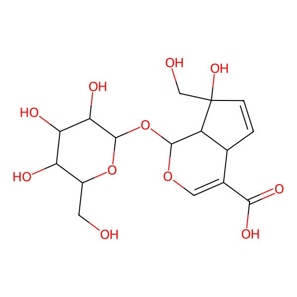 2D Structure of 7-hydroxy-7-(hydroxymethyl)-1-[(2S,3R,4S,5S,6R)-3,4,5-trihydroxy-6-(hydroxymethyl)oxan-2-yl]oxy-4a,7a-dihydro-1H-cyclopenta[c]pyran-4-carboxylic acid