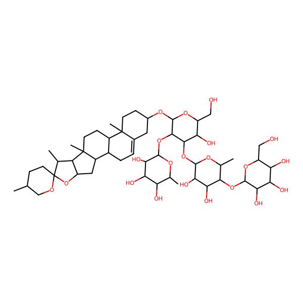 2D Structure of (2S,3R,4R,5R,6S)-2-[(2R,3R,4S,5R,6R)-4-[(2S,3R,4S,5R,6S)-3,4-dihydroxy-6-methyl-5-[(2S,3R,4S,5S,6R)-3,4,5-trihydroxy-6-(hydroxymethyl)oxan-2-yl]oxyoxan-2-yl]oxy-5-hydroxy-6-(hydroxymethyl)-2-[(1S,2S,4S,5'R,6R,7S,8R,9S,12S,13R,16S)-5',7,9,13-tetramethylspiro[5-oxapentacyclo[10.8.0.02,9.04,8.013,18]icos-18-ene-6,2'-oxane]-16-yl]oxyoxan-3-yl]oxy-6-methyloxane-3,4,5-triol