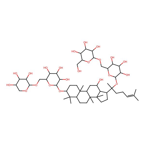 2D Structure of (2R,3S,4S,5R,6R)-2-(hydroxymethyl)-6-[[(2R,3S,4S,5R,6S)-3,4,5-trihydroxy-6-[(2S)-2-[(3S,5R,8R,9R,10R,12R,13R,14R,17S)-12-hydroxy-4,4,8,10,14-pentamethyl-3-[(2R,3R,4S,5S,6R)-3,4,5-trihydroxy-6-[[(2S,3R,4S,5R)-3,4,5-trihydroxyoxan-2-yl]oxymethyl]oxan-2-yl]oxy-2,3,5,6,7,9,11,12,13,15,16,17-dodecahydro-1H-cyclopenta[a]phenanthren-17-yl]-6-methylhept-5-en-2-yl]oxyoxan-2-yl]methoxy]oxane-3,4,5-triol