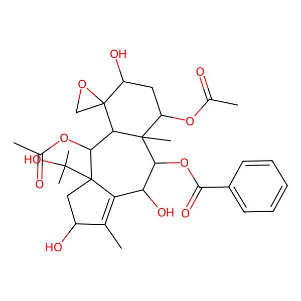 2D Structure of [(2S,4R,5R,5aS,6S,8S,9R,9aR,10S,10aS)-6,10-diacetyloxy-2,4,8-trihydroxy-10a-(2-hydroxypropan-2-yl)-3,5a-dimethylspiro[2,4,5,6,7,8,9a,10-octahydro-1H-benzo[f]azulene-9,2'-oxirane]-5-yl] benzoate