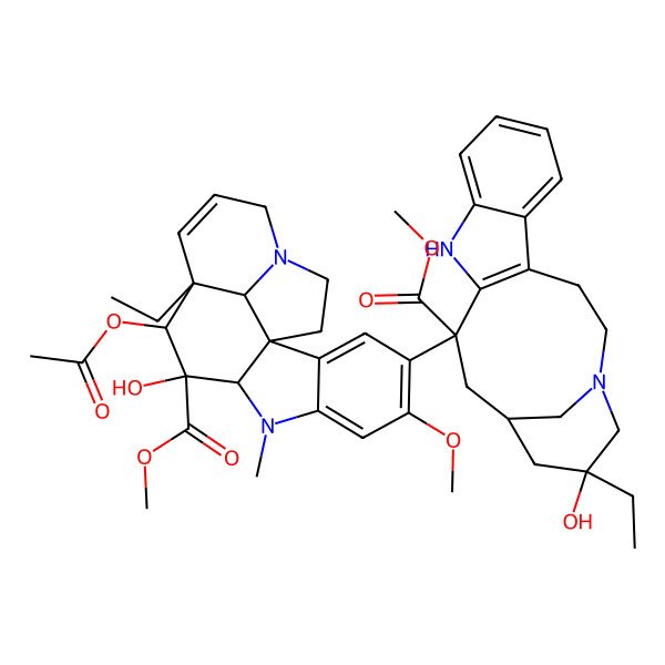 2D Structure of methyl (1R,9R,10S,11R,12R,19R)-11-acetyloxy-12-ethyl-4-[(13S,15S,17S)-17-ethyl-17-hydroxy-13-methoxycarbonyl-1,11-diazatetracyclo[13.3.1.04,12.05,10]nonadeca-4(12),5,7,9-tetraen-13-yl]-10-hydroxy-5-methoxy-8-methyl-8,16-diazapentacyclo[10.6.1.01,9.02,7.016,19]nonadeca-2,4,6,13-tetraene-10-carboxylate