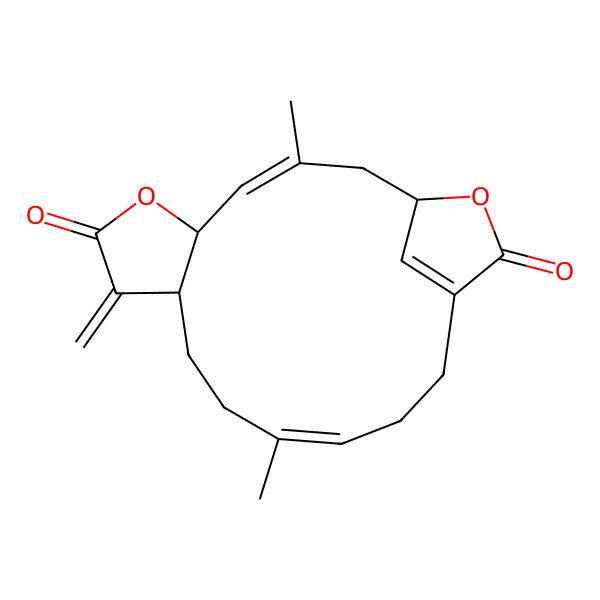 2D Structure of (1R,3E,5S,9R,12E)-3,12-dimethyl-8-methylidene-6,18-dioxatricyclo[14.2.1.05,9]nonadeca-3,12,16(19)-triene-7,17-dione