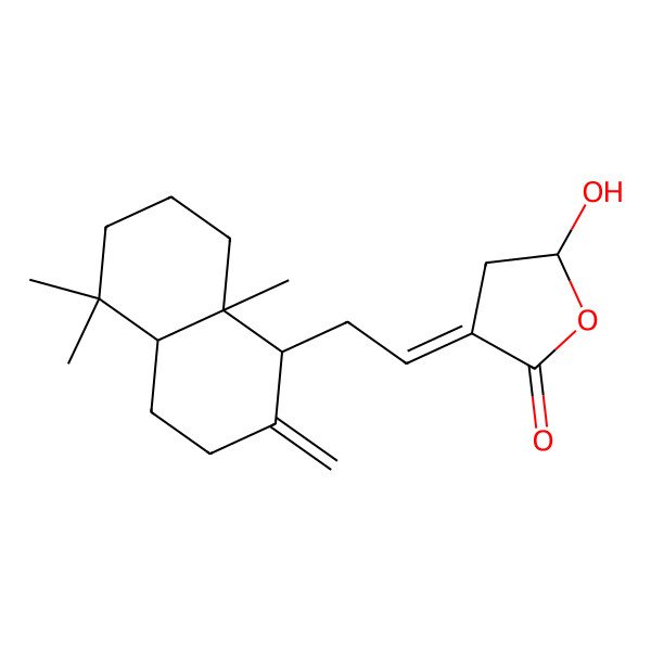 2D Structure of (3E)-3-[2-[(1S,4aS,8aS)-5,5,8a-trimethyl-2-methylidene-3,4,4a,6,7,8-hexahydro-1H-naphthalen-1-yl]ethylidene]-5-hydroxyoxolan-2-one