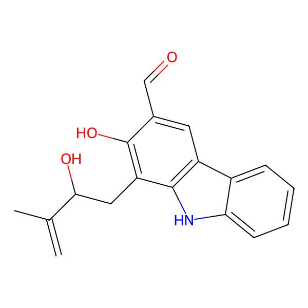 2D Structure of 2-hydroxy-1-(2-hydroxy-3-methylbut-3-enyl)-9H-carbazole-3-carbaldehyde