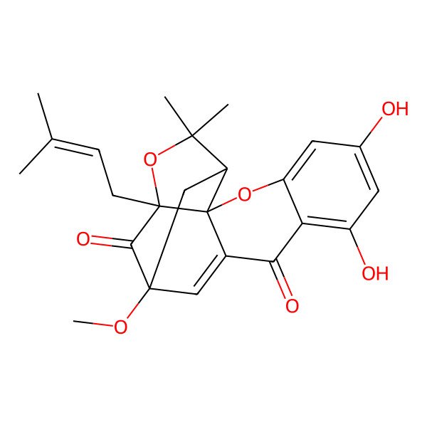 2D Structure of 6,8-Dihydroxy-13-methoxy-17,17-dimethyl-15-(3-methylbut-2-enyl)-3,16-dioxapentacyclo[11.4.1.02,11.02,15.04,9]octadeca-4,6,8,11-tetraene-10,14-dione