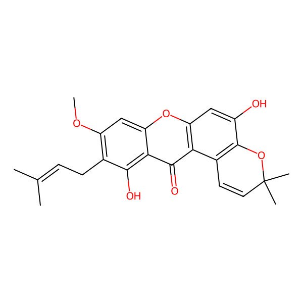 2D Structure of 5,11-Dihydroxy-9-methoxy-3,3-dimethyl-10-(3-methylbut-2-enyl)pyrano[3,2-a]xanthen-12-one