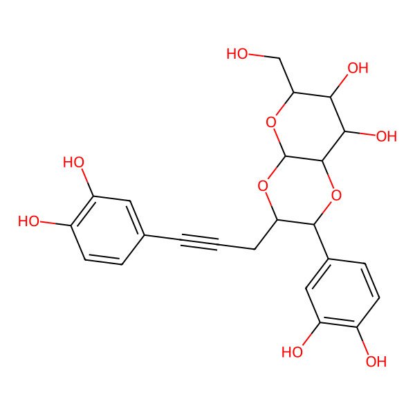 2D Structure of (4aR,6R,7S,8S,8aR)-2-(3,4-dihydroxyphenyl)-3-[3-(3,4-dihydroxyphenyl)prop-2-ynyl]-6-(hydroxymethyl)-3,4a,6,7,8,8a-hexahydro-2H-pyrano[2,3-b][1,4]dioxine-7,8-diol