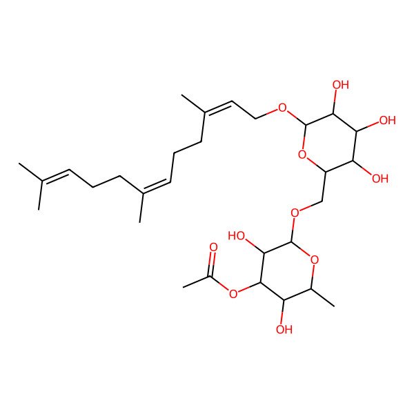 2D Structure of [(2S,3S,4R,5R,6R)-3,5-dihydroxy-2-methyl-6-[[(2R,3S,4S,5R,6R)-3,4,5-trihydroxy-6-[(2E,6E)-3,7,11-trimethyldodeca-2,6,10-trienoxy]oxan-2-yl]methoxy]oxan-4-yl] acetate