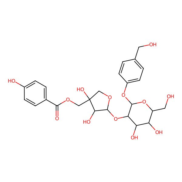 2D Structure of [(3S,4R,5S)-5-[(2S,3R,4S,5S,6R)-4,5-dihydroxy-6-(hydroxymethyl)-2-[4-(hydroxymethyl)phenoxy]oxan-3-yl]oxy-3,4-dihydroxyoxolan-3-yl]methyl 4-hydroxybenzoate