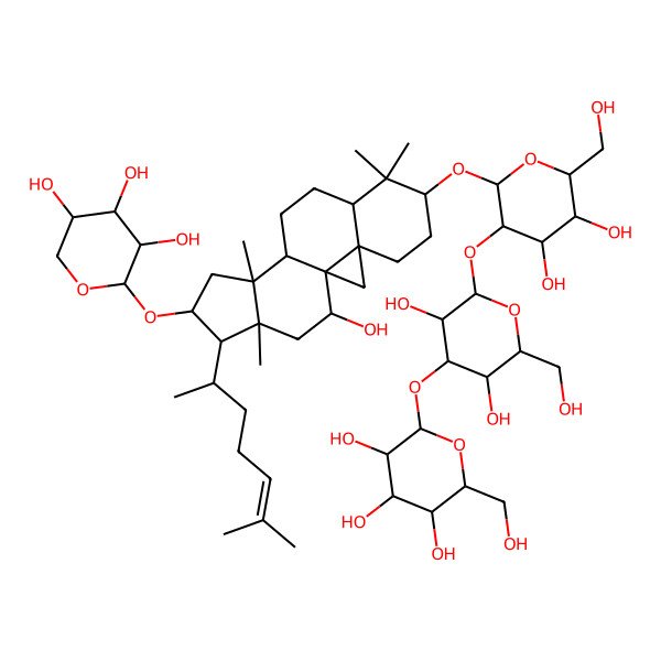 2D Structure of (2S,3R,4S,5S,6R)-2-[(2S,3R,4S,5R,6R)-2-[(2R,3R,4S,5S,6R)-4,5-dihydroxy-6-(hydroxymethyl)-2-[[(1R,3R,6S,8R,11S,12S,14S,15R,16R,18R)-18-hydroxy-7,7,12,16-tetramethyl-15-[(2R)-6-methylhept-5-en-2-yl]-14-[(2S,3R,4S,5S)-3,4,5-trihydroxyoxan-2-yl]oxy-6-pentacyclo[9.7.0.01,3.03,8.012,16]octadecanyl]oxy]oxan-3-yl]oxy-3,5-dihydroxy-6-(hydroxymethyl)oxan-4-yl]oxy-6-(hydroxymethyl)oxane-3,4,5-triol