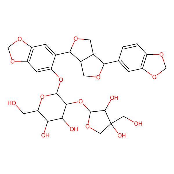 2D Structure of (2R,3S,4S,5R,6S)-6-[[6-[(3S,3aR,6R,6aR)-3-(1,3-benzodioxol-5-yl)-1,3,3a,4,6,6a-hexahydrofuro[3,4-c]furan-6-yl]-1,3-benzodioxol-5-yl]oxy]-5-[(2S,3R,4R)-3,4-dihydroxy-4-(hydroxymethyl)oxolan-2-yl]oxy-2-(hydroxymethyl)oxane-3,4-diol