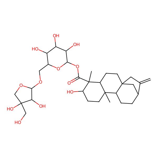 2D Structure of [(2S,3R,4S,5S,6R)-6-[[(2R,3R,4R)-3,4-dihydroxy-4-(hydroxymethyl)oxolan-2-yl]oxymethyl]-3,4,5-trihydroxyoxan-2-yl] (1S,4S,5R,6S,9S,10R,13R)-6-hydroxy-5,9-dimethyl-14-methylidenetetracyclo[11.2.1.01,10.04,9]hexadecane-5-carboxylate